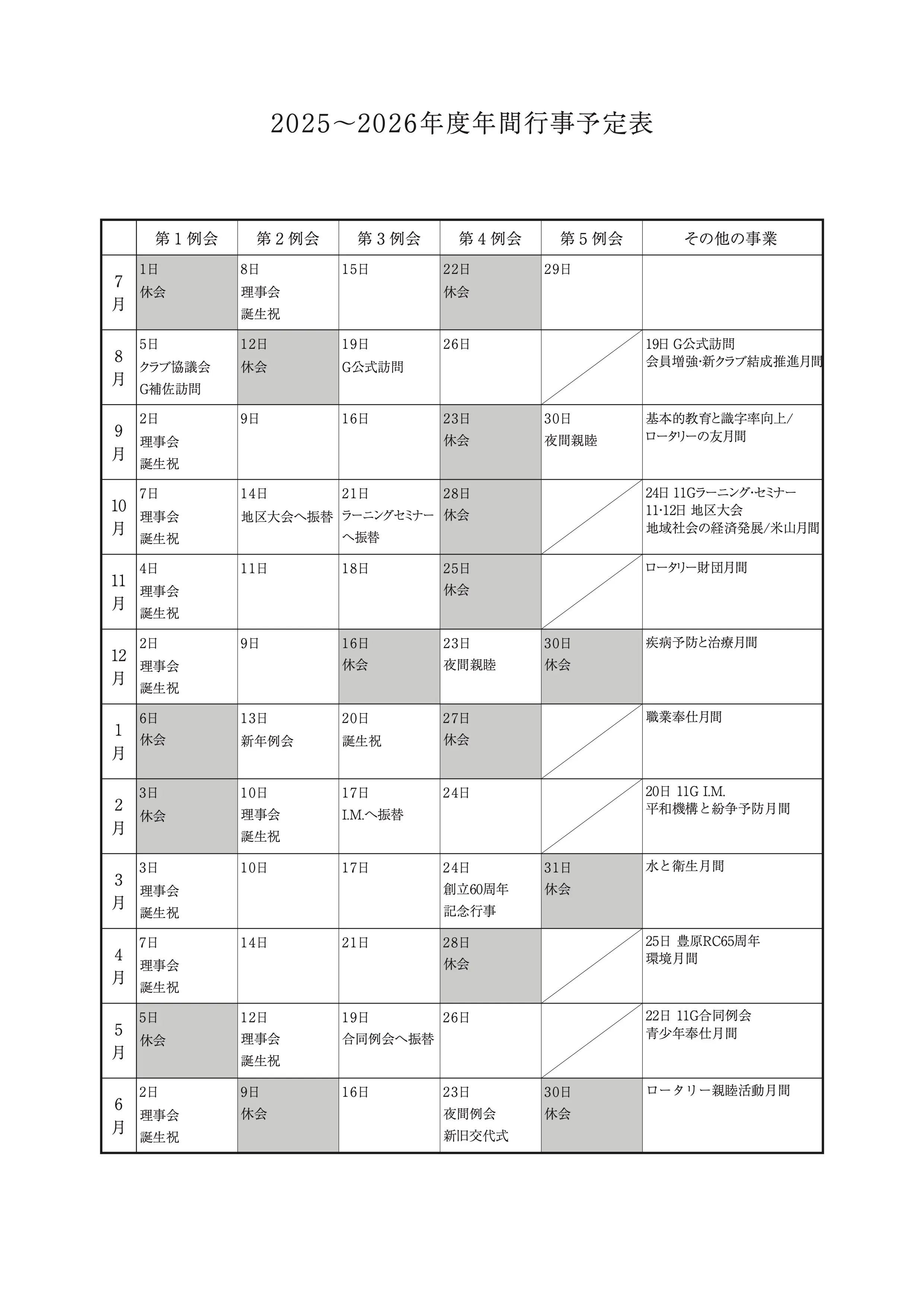 我孫子ロータリークラブ 2025-2026年度 年間行事予定表
